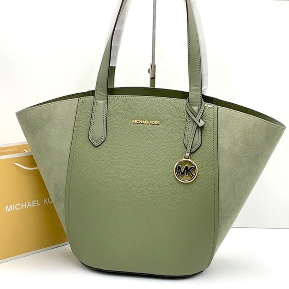 MICHAEL KORS PORTIA LARGE TOTE ARMY GREEN COLOR Pebbled leather/ suede